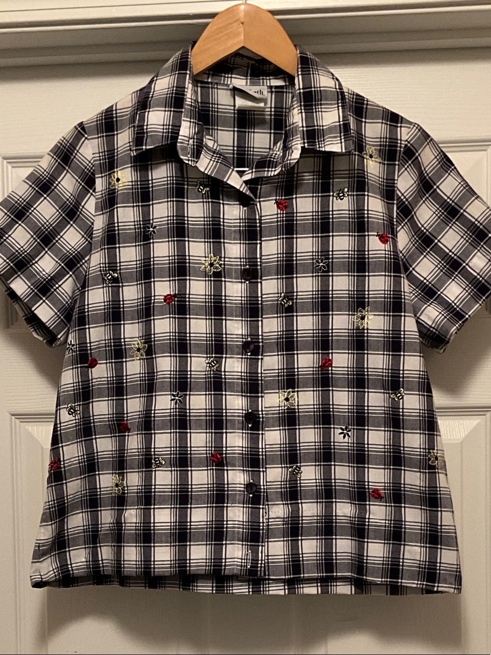 BonWorth Navy and White Plaid Button-Down Shirt with Embroidery